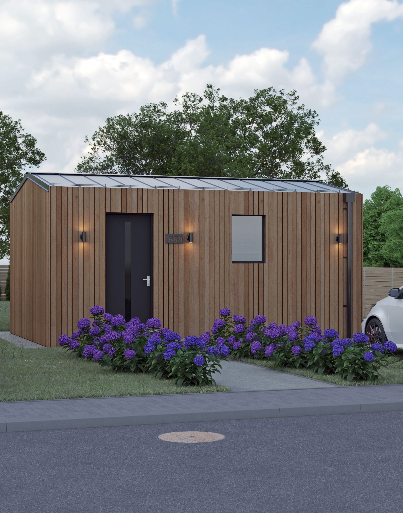 Exteriérová vizualizácia modulového domu VIRGINIA Mini s drevenou fasádou